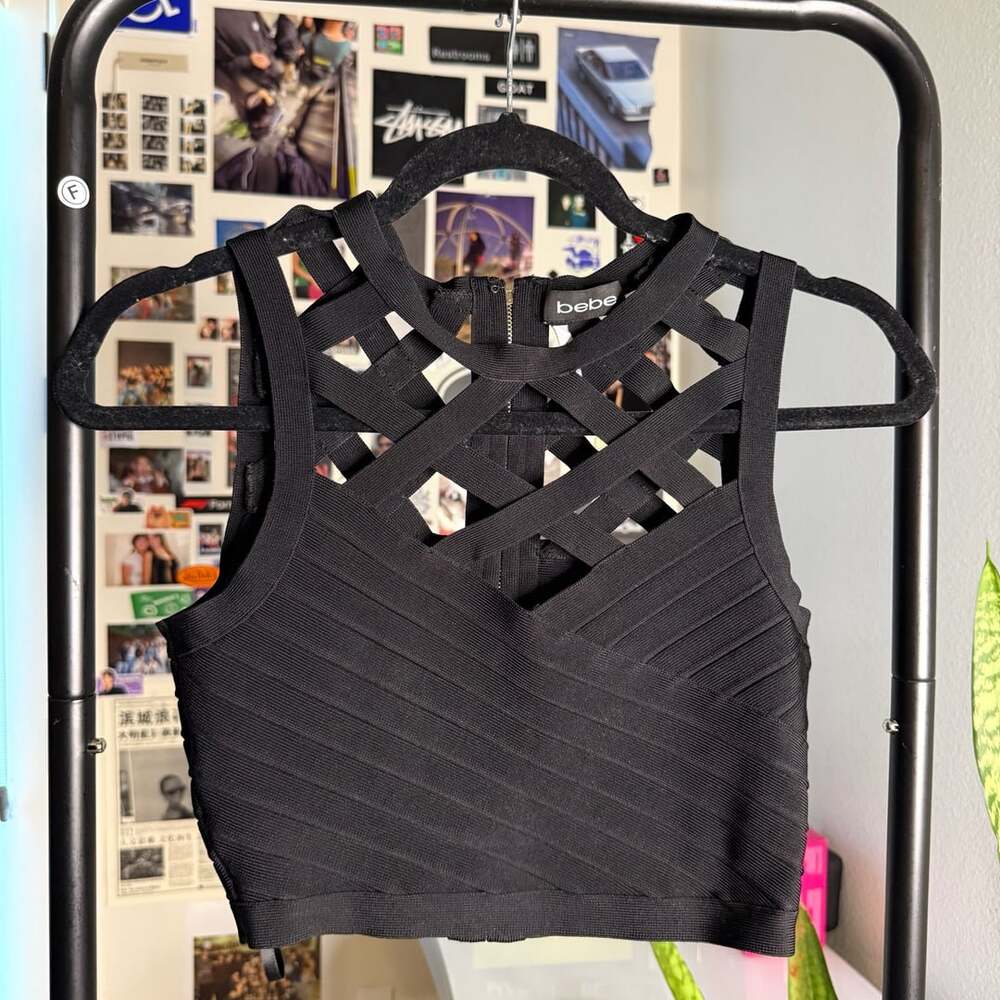 Vintage Bebe Black Cage Bandage Crop Top